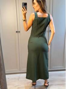 Elegant Women's Tailored Skirt And Vest Set - Army Green - View 3