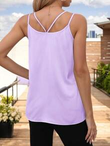 Women's Basic Blouse With Crossed Straps And V-Neckline - Lilac Purple - View 2