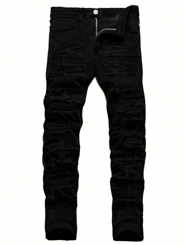 Pantalones vaqueros ajustados de moda con flecos y elásticos para hombres