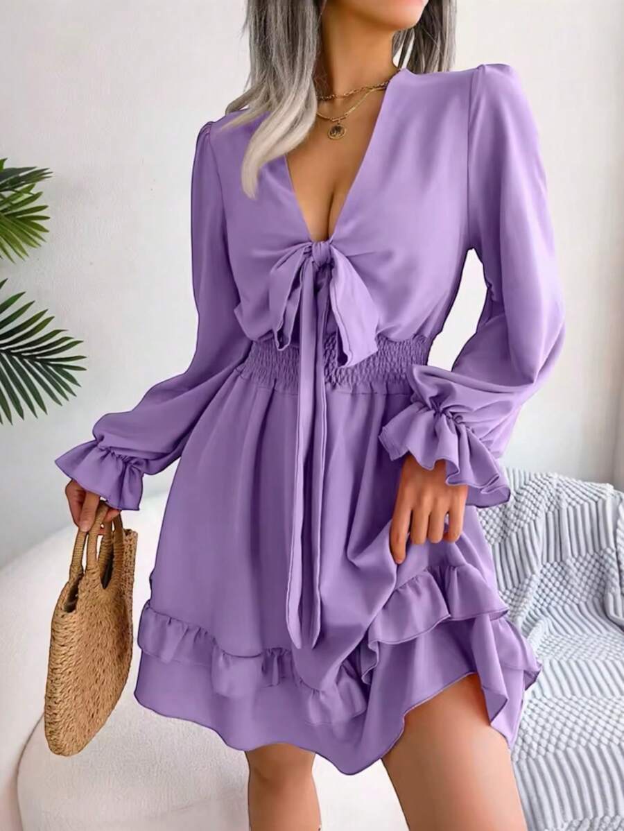 Vestido con Olán y Nudo al Frente. - Lila Púrpura - Ver 1