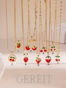 1pc 18K Stainless Steel Oil-Drop Strawberry & Cherry Zirconia Necklace, Elegant Jewelry Accessory For Women, Suitable For Daily Wear And Gatherings