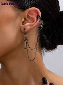 1pc Gothic Style Cross & Spider Metal Pendant With Red Glass Decor, Fashion Charm Earrings - Spider Cross Ear Hook - View 5