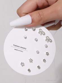 14pcs/Set Cute Flower, Heart & Bow Stud Earrings For Women, Suitable For Casual Daily Wear