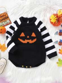 Baby Sweater Romper Striped Long Sleeve Round Neck Pumpkin Face Print Bodysuit Infant Halloween Outfit - Black - View 2