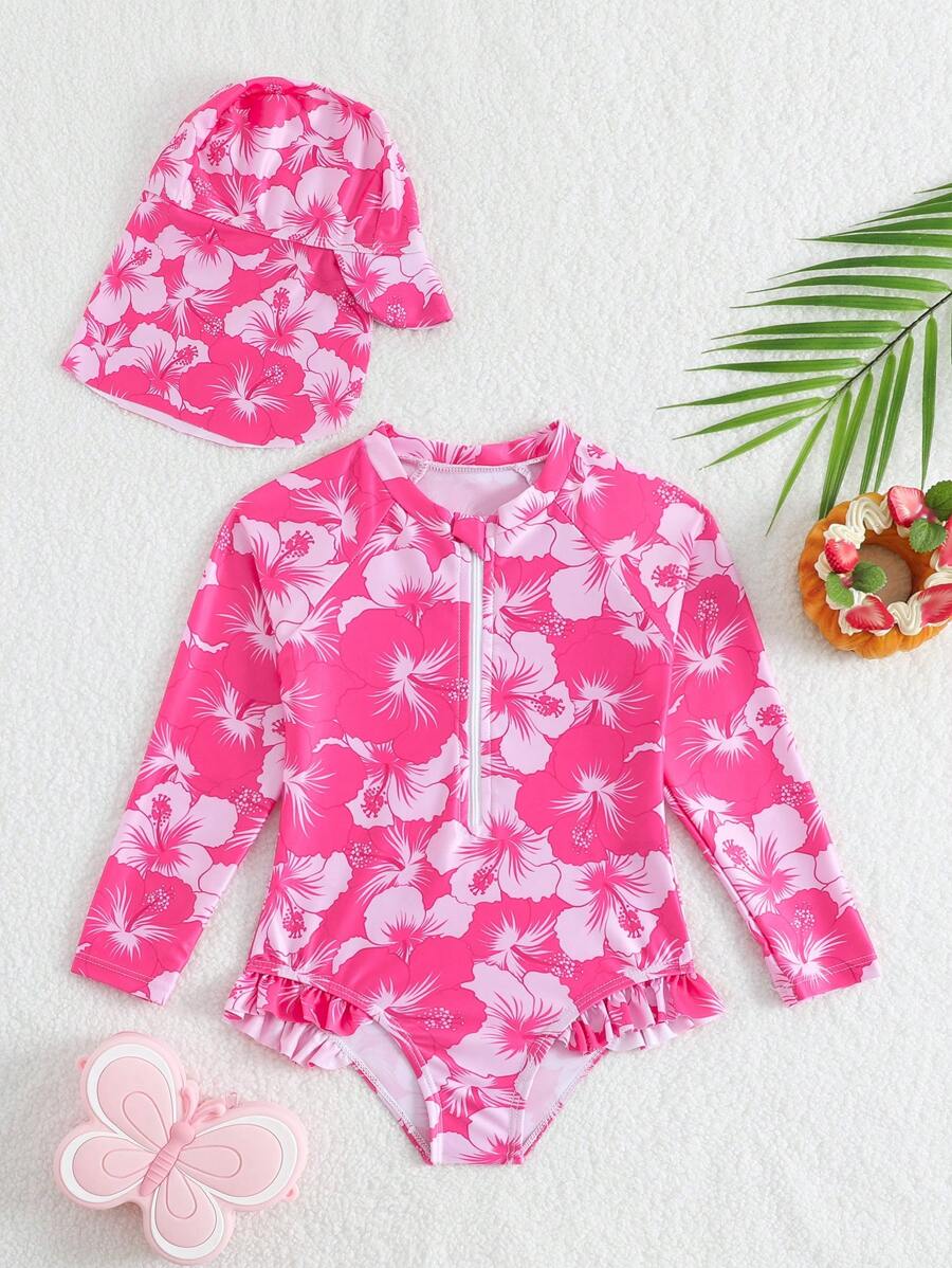 2 Pieces Young Girl Fashionable One-Piece Swimsuit, Cute Floral Print Front Zipper With Ruffled Skirt, 1 Swimming Cap + 1 Long-Sleeved Sun Protection Swimsuit, Suitable For Summer Vacation, Pool, Beach And Outdoor Activities - Pink - View 1