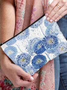 Fashionable Indigo Blue Dandelion Floral Makeup Bag - Foldable Lightweight Cosmetic Organizer Bag With Double-Sided Print, Lining And Zipper, Suitable For Women And Girls Travel Essentials Travel Accessories Travel Must Haves