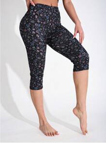 Women's Casual Stretchy Sporty Printed Leggings, Soft & Comfortable Floral Daisy Patterned, Suitable For Fitness, Workout, Running, Lifting, Outdoor Activities, Daily Wear, Capri Length