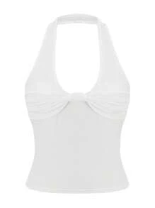 Womens Stylish Halter Neck Camisole Tops Summer Sleeveless Solid Hue Knot-Front Elegant Blouses Dressy Shirt Tops - 白色 - 查看 6