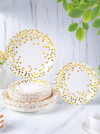 7/9 Inch White Background Gold Polka Dot Disposable Paper Plates, Party Supplies, Disposable Party Plates, Decor For Party, Birthday Party, Celebration Events, Gender Reveal Activities