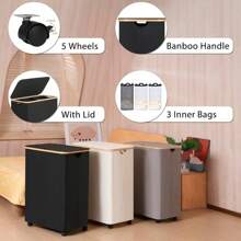 160L Black Large Laundry Basket With Wheels - Laundry Hamper With Lid And 3 Liner Bags, For Laundry Room, Bedroom, Dormitory Storage