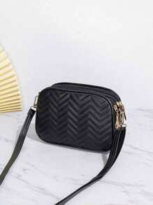 1pc Women V-Quilted Solid Color Casual Crossbody Shoulder Camera Bag, Fashion Metal Logo Outdoor Messenger Bag For Shopping, Gift, Daily Use