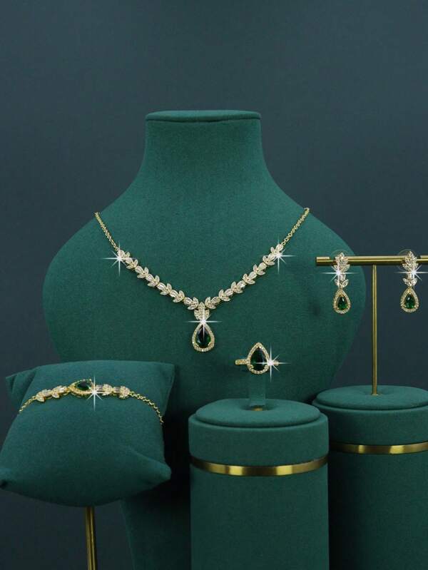 5pcs 18K Gold Plated Royal Style Bridal Wedding Accessories Set, Handmade Embedded Green Cubic Zirconia, Including Necklace, Bracelet, Earrings, Ring, Suitable For Daily Wear And Wedding Ceremony, Wedding Anniversary Gift