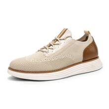 Comfortable And Fashion Lace-Up Brogue Trainers, Men Lightweight Knit Shoes, Walking Oxford Shoes, Gentle Men And Elegant Sneakers - Beige - View 3