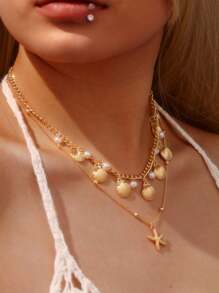Collar colgante de moda de verano para mujer con colgante de metal con forma de estrella de mar y concha, joyería de uso diario y para citas, de alta gama y versátil