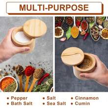 1pc Bamboo Salt And Spice Storage Box With Magnetic Rotating Lid And Spoon, Bamboo Organizer Box For Storing Salt, Pepper, Spices, Sugar, 6oz Capacity - Multicolor - View 6