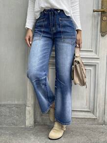 Wide Leg Mid Waist Causal Baggy Barrel Jeans For Women Drawstring Eyelet Waist Denim Pants(The Size Is Slightly Small; It Is Recommended To Order One Size Up.) - Dark Wash - View 7