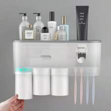 牙刷架套装，壁挂式浴室收纳架，带牙膏分配器，无需钻孔 - 彩色 - 查看 2
