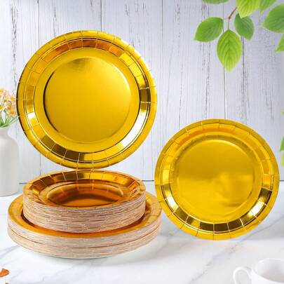 7/9 英寸金色一次性纸盘，金色一次性盘子，派对用品，一次性派对，生日派对，礼品派对，庆祝装饰用品