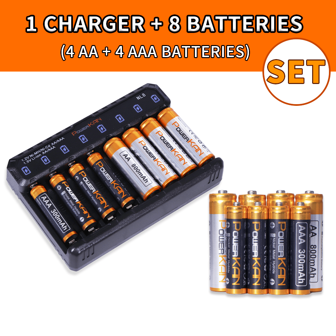  套装（电池+充电器），PowerKAN 1.2V 镍氢可充电 AA 和 AAA 电池 + NL8 充电器可充电放电重复使用，高品质 AA 800mAh X8pcs 和 AAA 300mAh X8pcs 组合，USB 快速充电 AA AAA 电池充电器