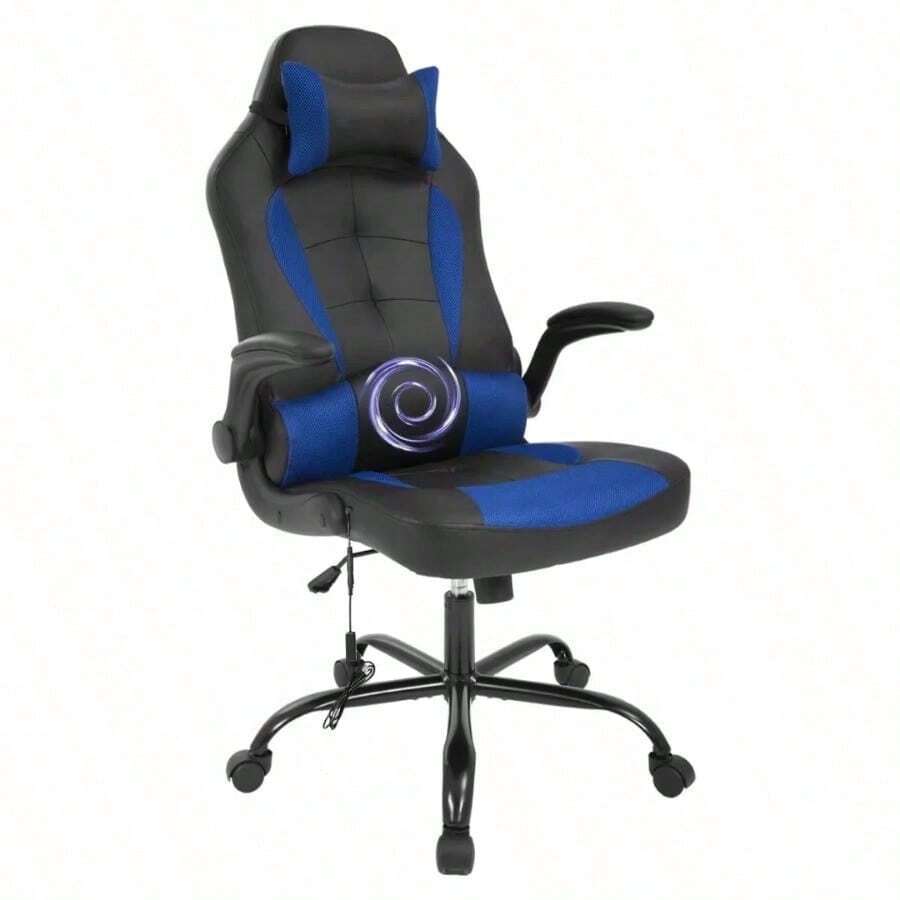 Gaming Chair Massage Video Game Chair Ergonomic Computer Office Chair With A Vibrator Lumbar Support, Headrest,Flip Up Armrest, Blue