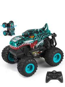 儿童遥控特技越野车，360度旋转，酷炫怪兽卡车，恐龙、鲨鱼、三角龙、霸王龙造型，模拟声光效果，橡胶轮胎，PVC车身，越野车模型，儿童玩具车，遥控攀爬车，缓解压力，享受操控乐趣，送给男孩的绝佳礼物