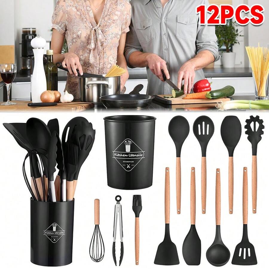 12pcs Silicone Kitchen Utensils Set With Holder - Heat Resistant, Wooden Handle,Nonstick Cookware Tongs Spatula Kitchen Set - Easy Clean, Best Kitchen Tools (Black) - Black - View 1