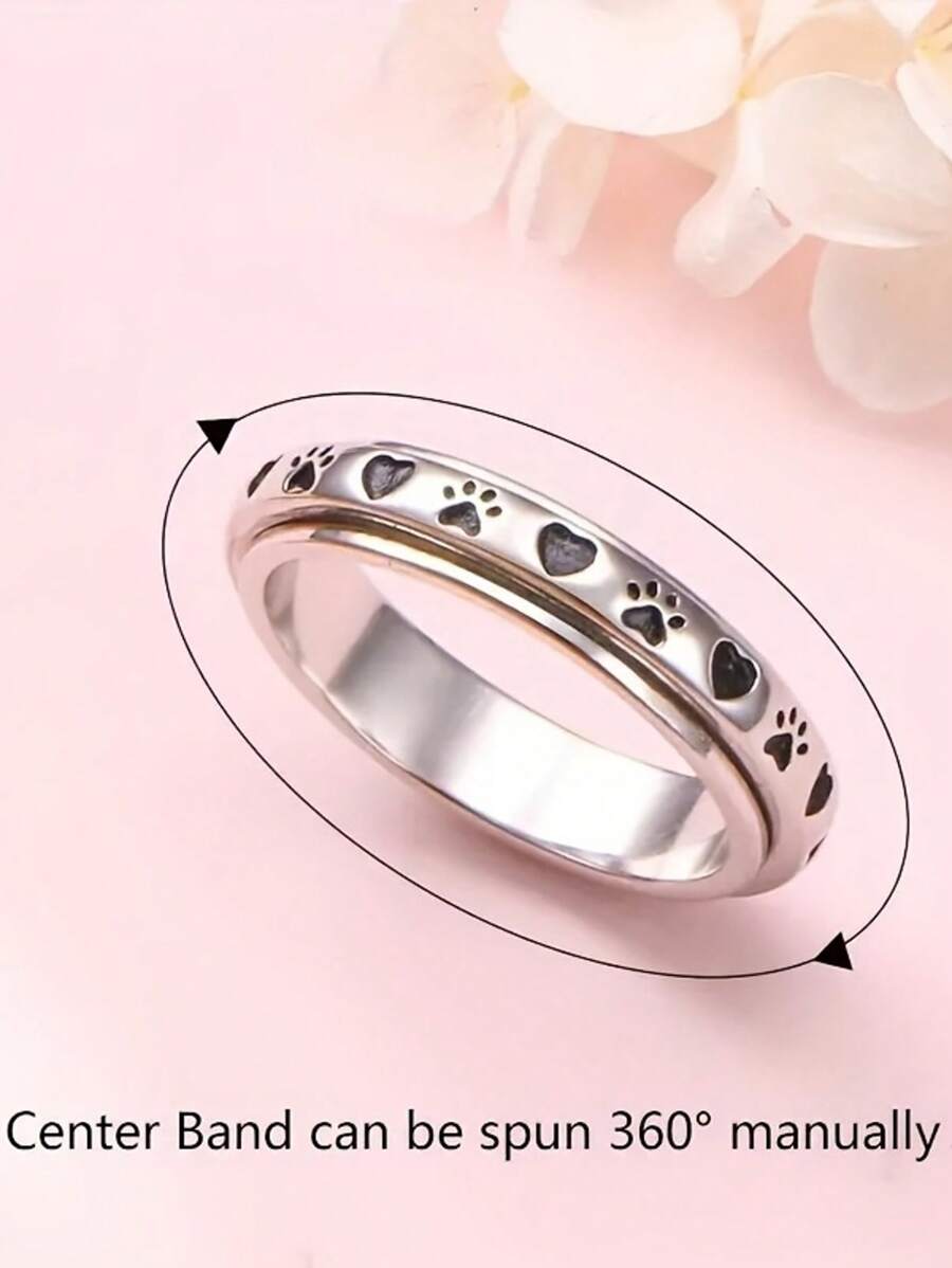 1pc Simple & Fashionable Titanium Steel Rotating Pet Paw Print Ring, Stainless Steel Material, Suitable For Daily Wear And Pet Lover Gifts, Unisex Anti-Anxiety Spinning Ring