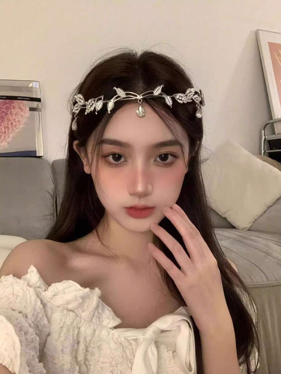 水晶叶皇冠发带，镶满水钻，复古童话公主首饰，适合新娘婚礼 - 銀色 - 查看 1
