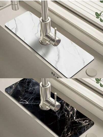Marble Faucet Mat, White/Black Faucet Pad, Bathroom Faucet Splash Guard, Anti-Humidity Anti-Slip Faucet Mat, Kitchen Countertop Accessory, Silicone Faucet Mat, Kitchen & Dining Table Accessory, Sink, Anti-Moisture Absorbent Pad, Absorbent Dish Drying Mat, Kitchen Decor Mat, Multi-Functional Absorbent Oil-Absorbing Non-Slip Mat, Home Decor, Ideal Gift, Handwash