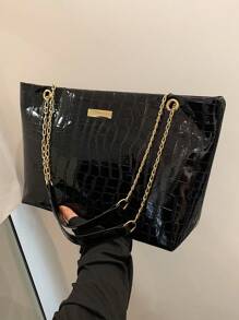 Fashionable Retro Large Capacity Crocodile Pattern Women Shoulder Tote Bag - Black - View 7