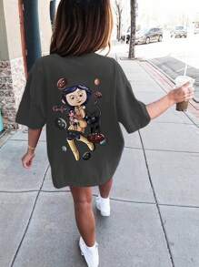 Tween 女童休闲图案印花圆领短袖 T 恤，夏季上衣 - 深灰色 - 查看 8