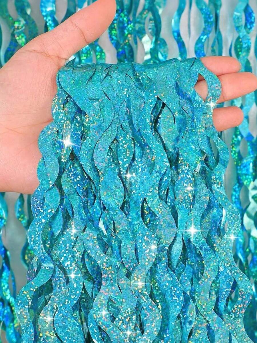 1 Pack Teal Aqua Blue Wavy Foil Fringe Curtains Party Decorations, Sparkle Streamer Tinsel Curtain Party Photo Backdrops For Photography Studio Props, Beach Party, Theme Party, Underwater Celebration, Birthday And Wedding Decor Birthday Party, Christmas Graduation Anniversary Decoration - 彩色 - 查看 1