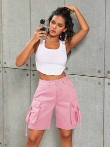 Street Vintage Flap Pocket Tape Detail Cat Whiskered Distressed Raw Hem Work Cargo Denim Bermuda Jeans Denim Shorts Jorts - 粉色 - 查看 6