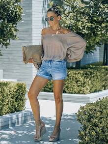 Women's Summer Solid Color Ripped Pocket Button Denim Shorts