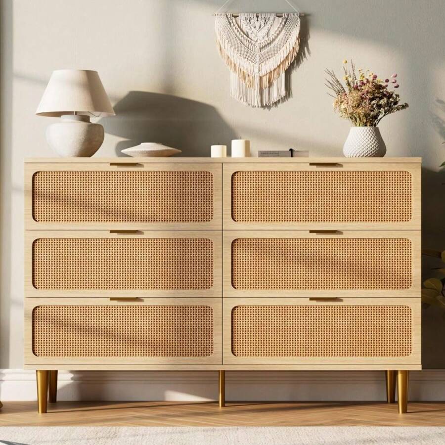 Studyset Rattan 6 Drawer Dresser For Bedroom,6 Drawer Wide Dresser,Farmhouse Chest Of Drawers With Deep Drawers,Large Double Dresser For Closet With Wide Top,Horizontal Wooden Dresser For Hallway,Living Room,Bedroom - 木材顏色 - 查看 1
