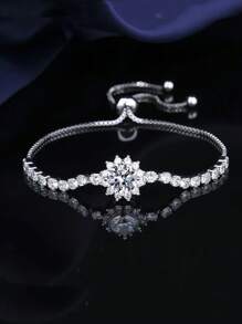 Simple And Fashionable Diamond-Set Flower Bracelet, Adjustable Pull, Women's Style, Can Be Given To Mother, Friends' Gift