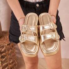 Sandals Compensating In Boucle Style Bohème – Élégance Et Confort Pour L'été - Gold - View 2