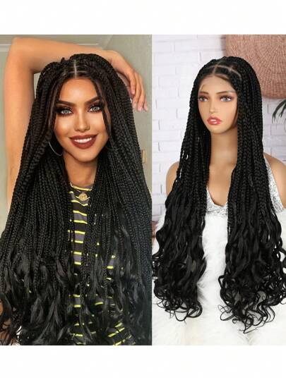 34 英寸黑色全双蕾丝前部无结盒状编织假发，带婴儿头发，适合超长辫子假发，带卷发末端，蕾丝前部编织合成假发，圣诞节、新年、狂欢节、音乐节
