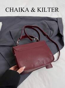 1 件 CHAIKA & KILTER 纯色 PU 皮革手提包，女士时尚手提方形包，带扭锁开合，顶部手柄挎包配有可拆卸可调节肩带，适合日常和街头穿着（随吊坠出售） - 酒紅色 - 查看 7