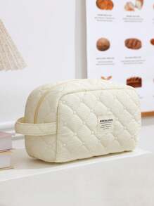 1Pc/Set Beige Quilting Makeup Bag With Soft Texture, Vintage Large Capacity Cosmetic Bag&Travel Organizer Handheld, Minimalism Cozy Foam Toiletry Big Set, Lightweight Fluffy Makeup Pouch, Home Decor, Delicate Gift For New Semester, Spring/Early Summer, Anniversary, Vacation, Trip, Back To School, Makeup Case, New Style In 2025.