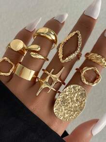 10 pièces/Ensemble Bagues géométriques en métal de style punk rock , ligne de lave exagérée, multifonctionnelles pour toutes les occasions, excellent choix de cadeau
