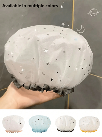 可调节双层浴帽，星星图案沐浴防水帽，头套沐浴帽，家用沐浴帽，浴室用品，双层可重复使用浴帽，适合所有发质 - 防水、无香、温和呵护秀发 - 适合女性浴室必需品家居浴室装饰夏季