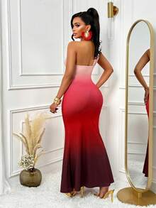 Women's Summer Sexy One-Shoulder Cutout Gradient Print Mermaid Long Dress,Honeymoon Light Dress(Positioning Printing) - Red - View 2