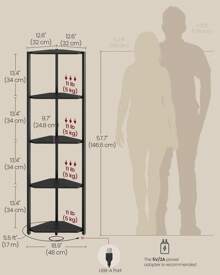 VASAGLE 5-Tier Corner Shelf, Bookcase With Adjustable LED Lights, Storage Shelf With Steel Frame, 24.8 X 48 X 146.6 Cm, For Living Room, Bedroom, Study, Rustic Brown - UK Plug(220-240V) - View 6