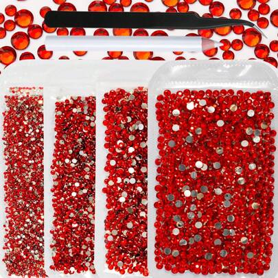 一套 4 袋水钻，尺寸分别为 2 毫米、3 毫米、4 毫米、5 毫米，共计 10,000 颗，配有镐和镊子，不可热修复平底树脂指甲宝石饰物仿水晶钻石用于美甲制作 DIY 美甲用品指甲