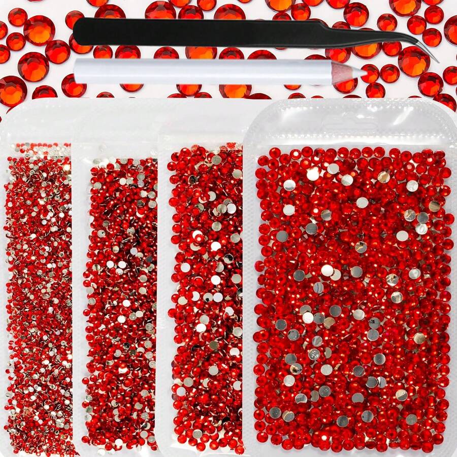 一套 4 袋水钻，尺寸分别为 2 毫米、3 毫米、4 毫米、5 毫米，共计 10,000 颗，配有镐和镊子，不可热修复平底树脂指甲宝石饰物仿水晶钻石用于美甲制作 DIY 美甲用品指甲
