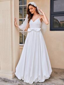 Elasola 优雅浪漫细肩带泡泡下摆舞会礼服婚纱带蝴蝶结适合新娘户外海滩婚礼派对，新娘 - 白色 - 查看 7