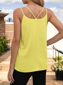 Women's Basic Blouse With Crossed Straps And V-Neckline - Yellow - View 4