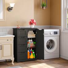 Bathroom Floor Freestanding Storage Cabinet, New Year Gift 3" Small Kitchen Pantry Storage Cabinet With Door And Shelves, Pantry Cabinet Storage Cupboard, Freestanding Wooden Dresser With 4 Drawers - 黑色 - 查看 6