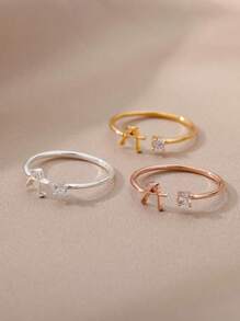 女士不锈钢小字母开口戒指时尚锆石 A-Z 字母可调节戒指女式婚礼美学珠宝 - 多色 - 查看 5